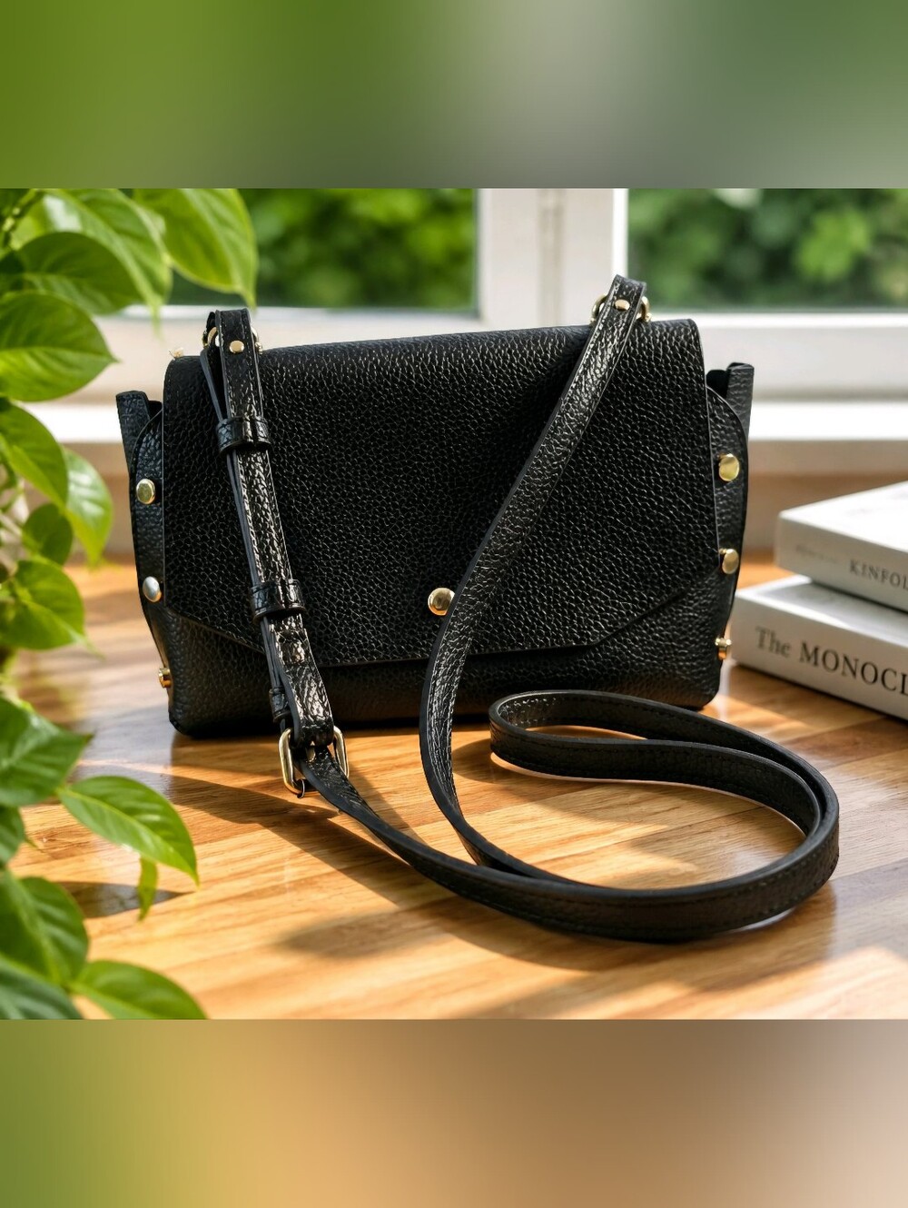 Steve Madden Black Pebbled Faux Leather Crossbody Bag Studded Envelope Flap